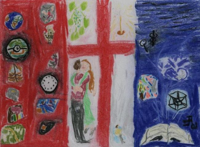 A flag, loosely a mirror image of the French flag, with a red cross on the white strip in the middle, and numerous smaller pictures; it is described in detail below.