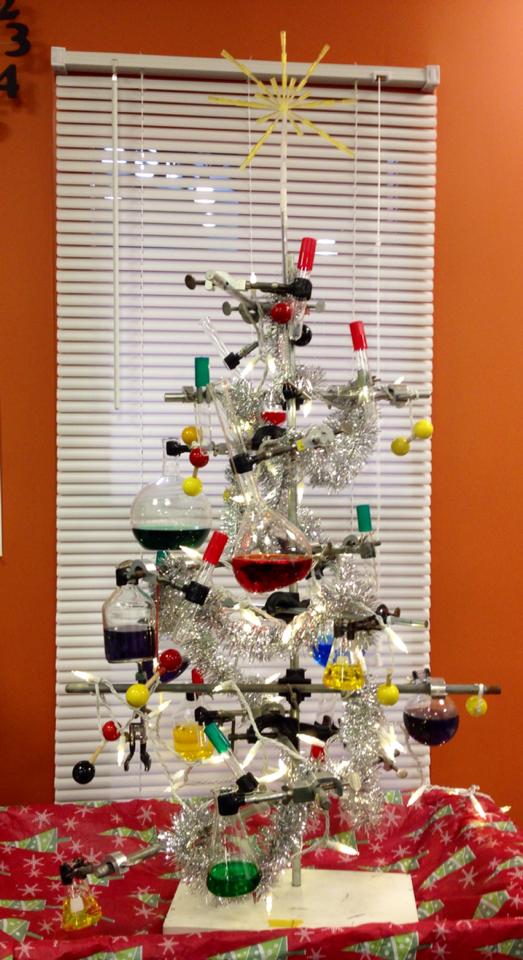 A Christmas tree built using chemistry's instruments.
