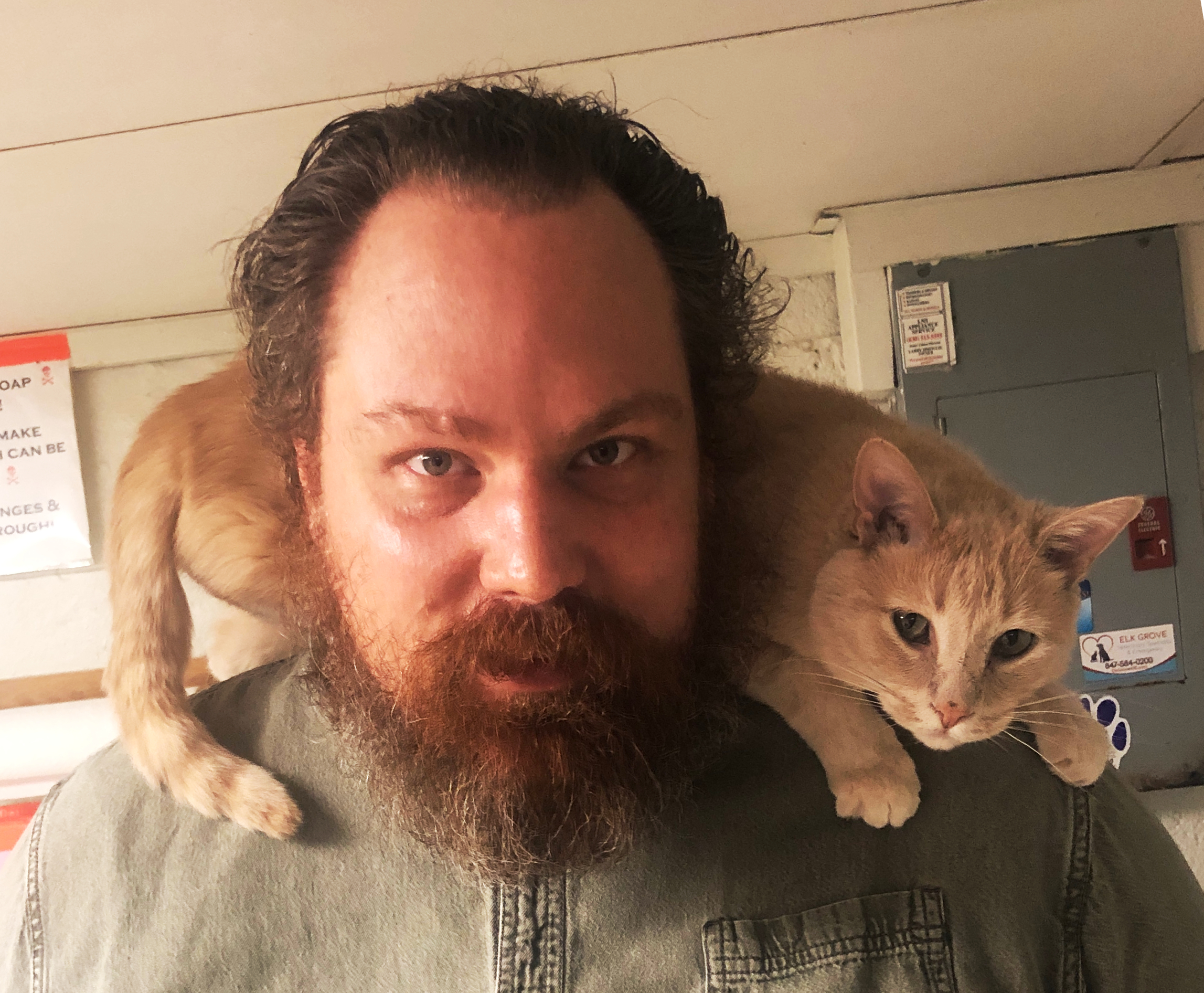 The author with a cat over his shoulders.