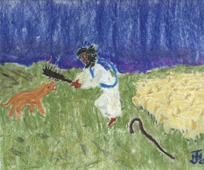 The Good Shepherd defending his sheep from a predator.