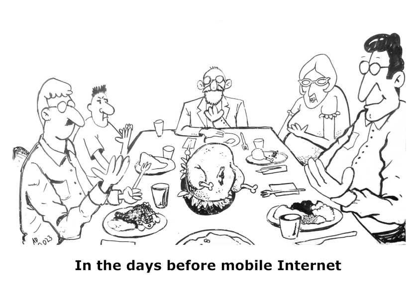 A picture of the days before mobile internet, with people at a dinner table all staring at their empty palms.