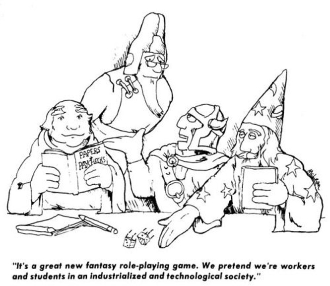 A picture of Dungeons and Dragons characters playing a role playing game as people in an advanced technological society.