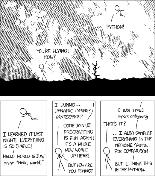 A famous xkcd comic showing someone flying after a first encounter with Python